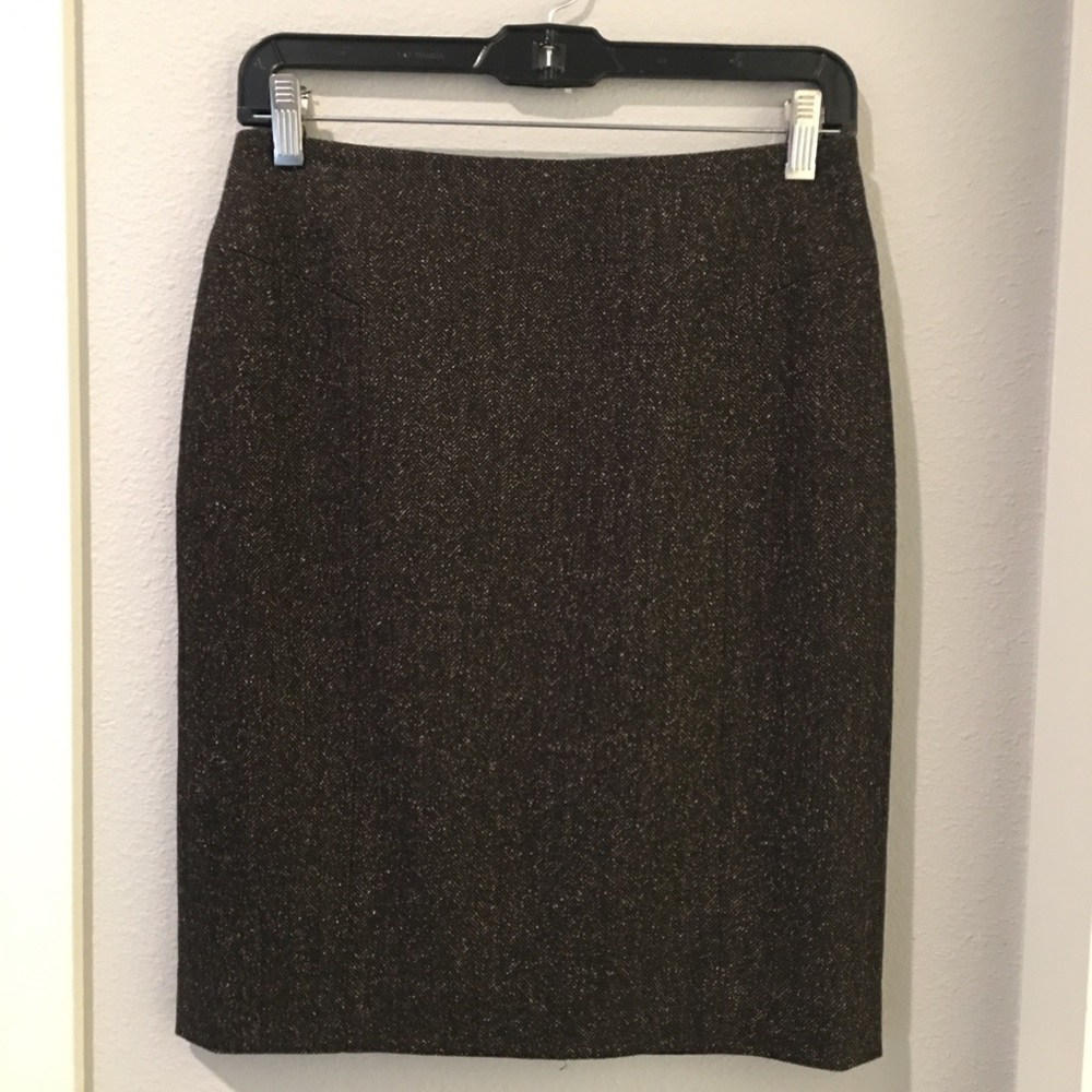 Brown Herringbone Tweed Pencil Skirt